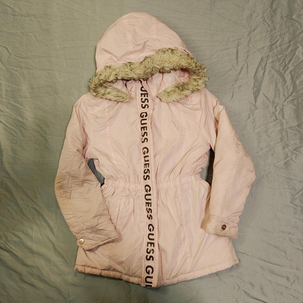 Guess Girls Pink Puffer Parka Jacket Sherpa Lined Faux Fur Hood Size L 14
